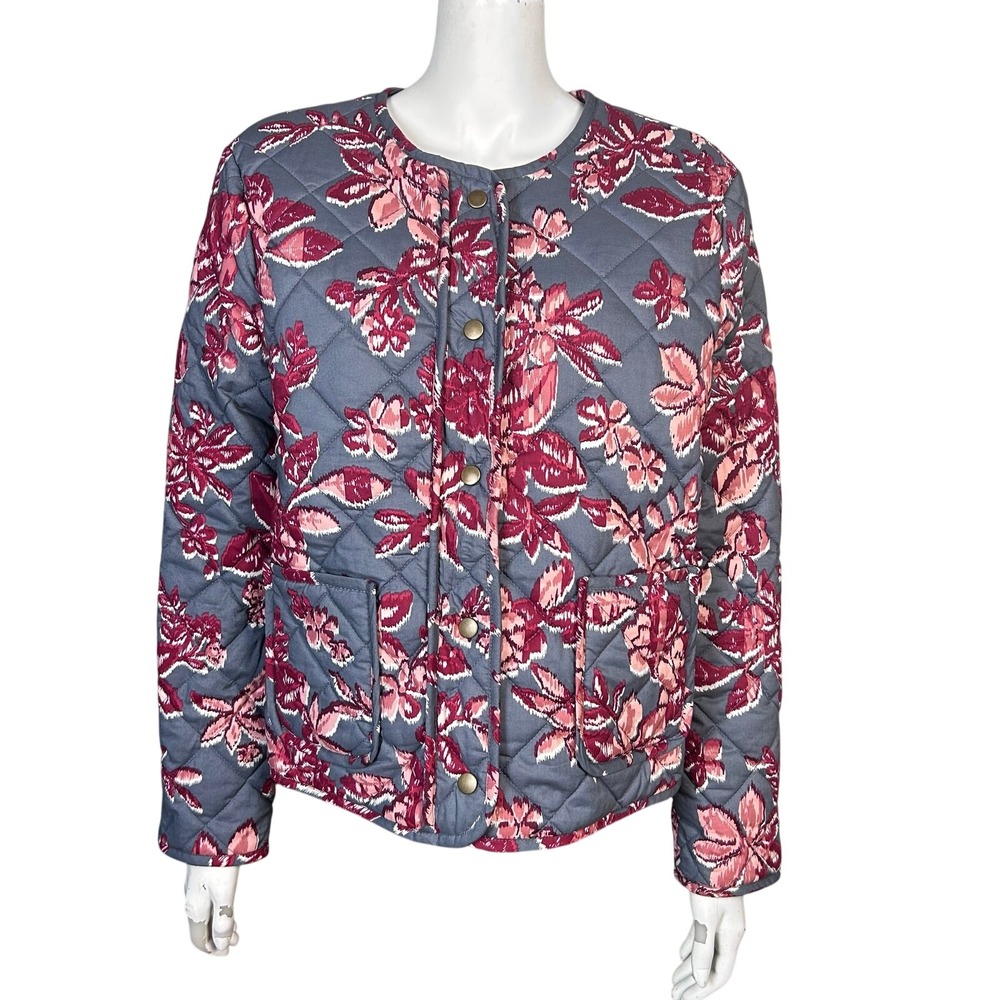 Rachel Zoe Quilted Jacket Large Cotton Floral barn coat India Kantha Gray